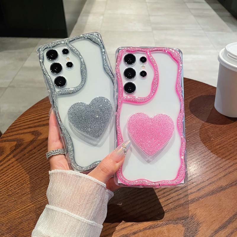 SAMSUNG Glitter Clearเคสโทรศัพท์สําหรับSamsung S24 ULTRA S23 PLUS A55 A54 A53 A52 A13 A14 A25 น่ารักเลื่อมหยักรูปแบบLove Bracket Cover