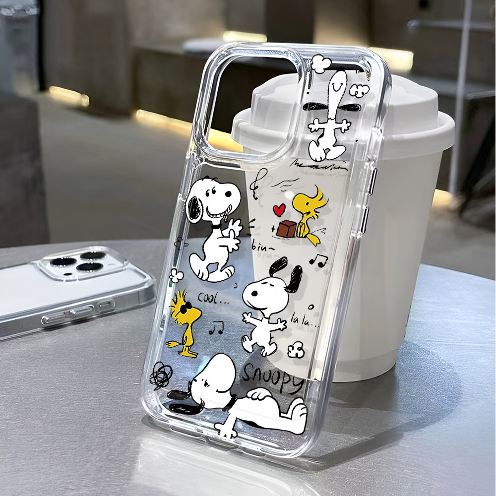 กรณีอวกาศโปร่งใสสําหรับ iphone 16 pro Max 11 15promax 14 13 12 7Plus X XS Max 8 7 Happy น่ารักการ์ตูน Snoopy กันกระแทก