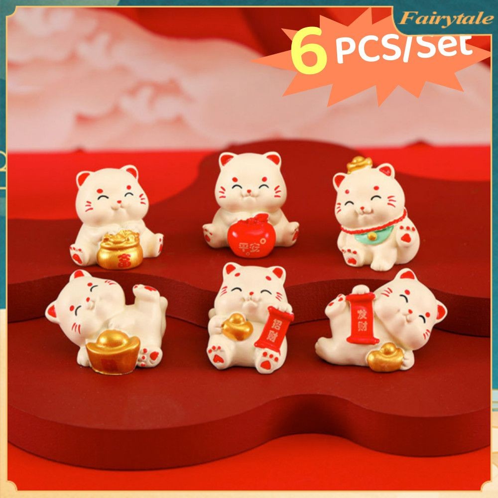 6pcs/set Lucky Cat Ornaments Cartoon Fortune Cat Miniature Figurine Micro Landscape Crafts Decoration Home Car Decor