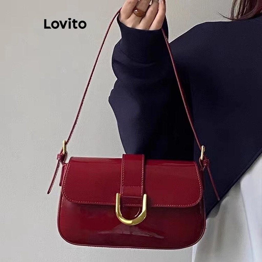 Lovito หรูหราธรรมดาโลหะพื้นผิวสดใสการเดินทางวินเทจแดงกระเป๋าสะพายขนาดเล็กสำหรับผู้หญิง LFA47241