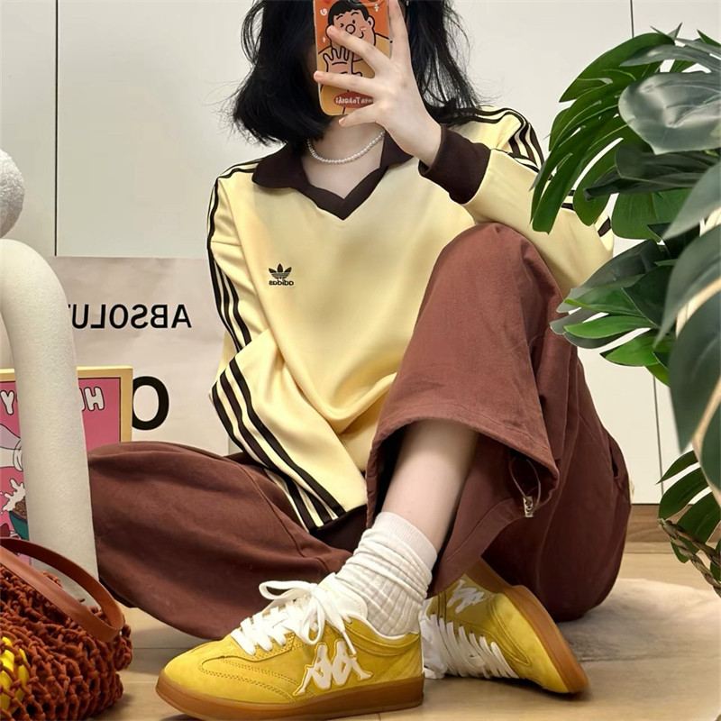 ปักโลโก้ Adidas Original Womens แขนยาวคอวีแขนยาวเสื้อกันหนาวลําลอง Bottoming เสื้อ
