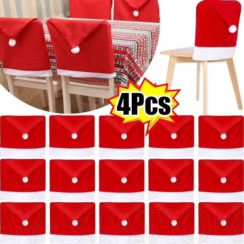 4ชิ้นซานตาคลอสหมวกเก้าอี้ปก-สีแดงซานตาเก้าอี้ปกหลัง-คริสต์มาสตารางตกแต่งผ้า-คริสต์มาสปีใหม่พรรคอุปกรณ์ตกแต่ง-มินิมอลไม่ทอทนท