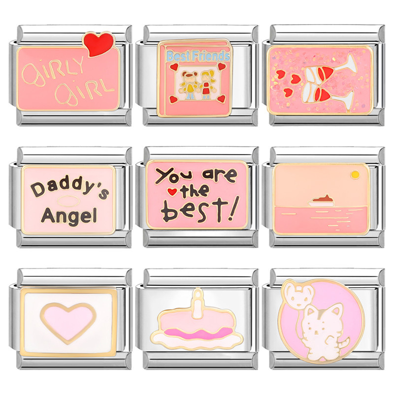 Pink Love Cat Italian Charm Links สําหรับสร้อยข้อมือแฟชั่นใหม่เพื่อนครอบครัว DIY โมดูลสร้อยข้อมือ Charm อิตาเลี่ยน Links Fit 9 มม.สร้อยข้อมือสแตนเลสเครื่องประดับ DIY ทํา