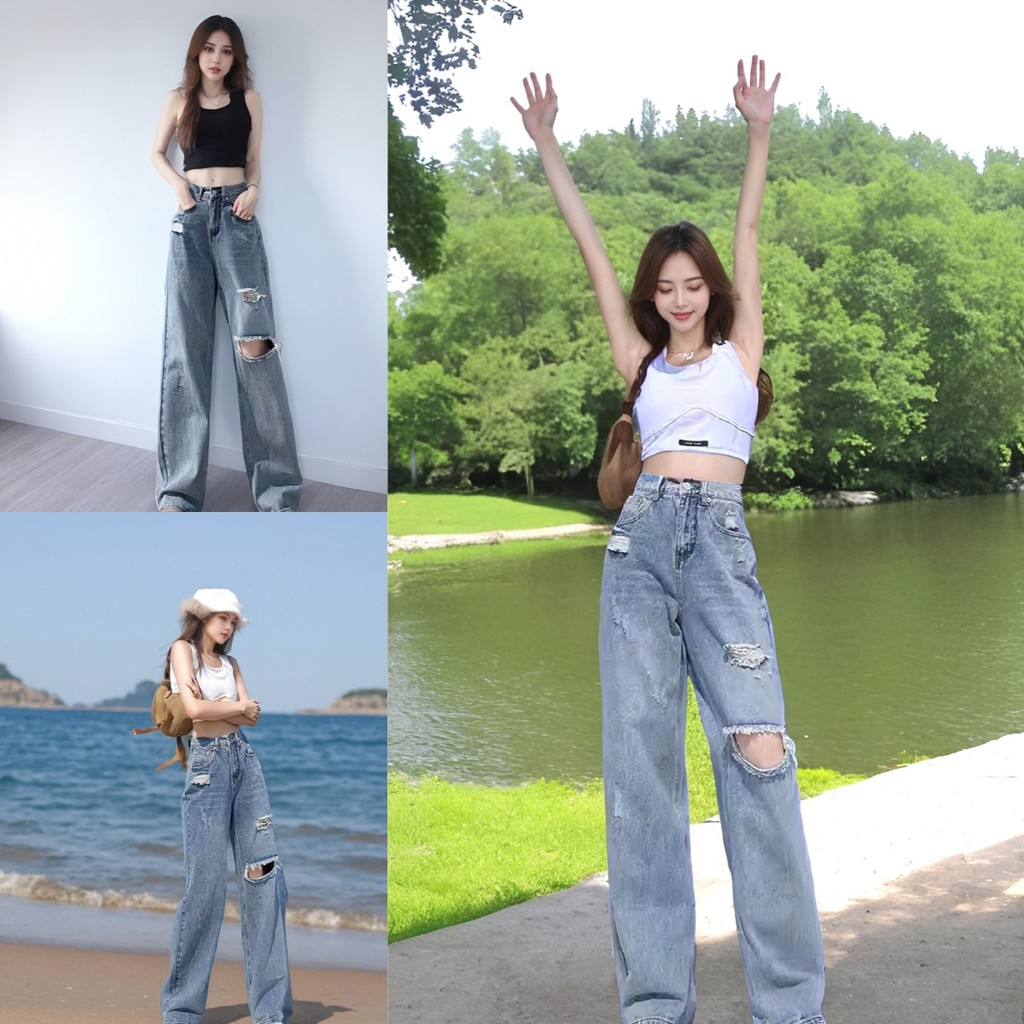 กางเกงยีนส์ขายาวสีน้ำเงินอ่อนสไตล์เกาหลี พร้อมส่ง ดีไซน์แฟชั่นใหม่ ใส่สบายและดูดี