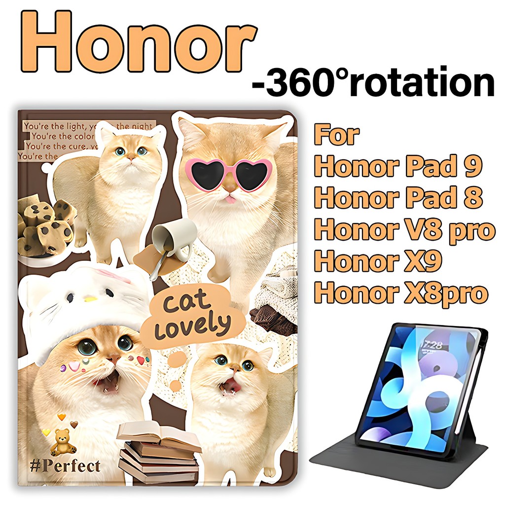 เคส Honor Pad 9 12.1นิ้ว / Honor Pad X9 11.5นิ้ว / ออเนอร์ แพด 8 Honor V8pro /Pad X8Pro 360°ซองหนังอะคริลิคแบบหมุน ผู้ถือปากกาด้านขวา รูปแบบการ์ตูน Honor Case