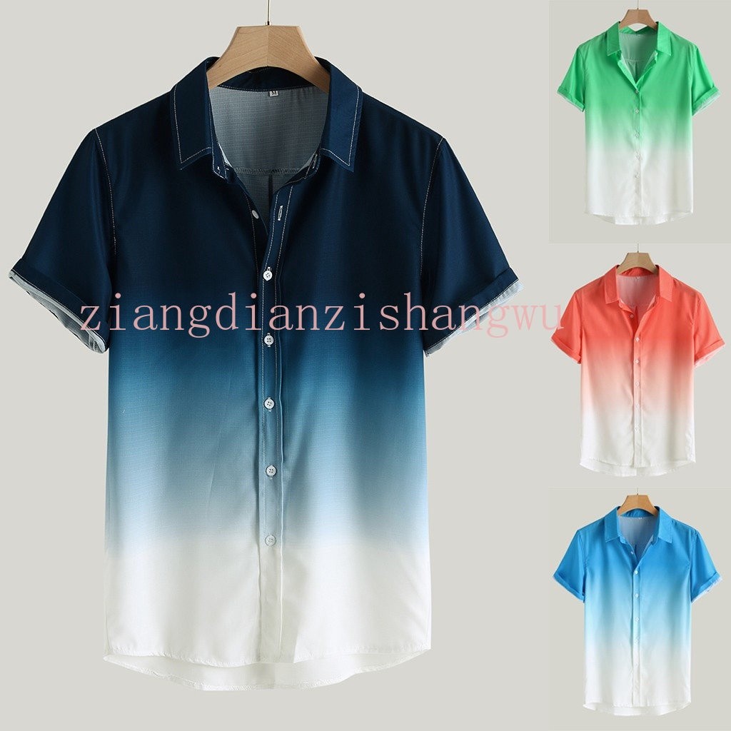 ฤดูร้อนใหม่เสื้อฮาวายผู้ชายสบายๆแขนสั้นไล่ระดับสีปกบางระบายอากาศเย็นทีเสื้อ