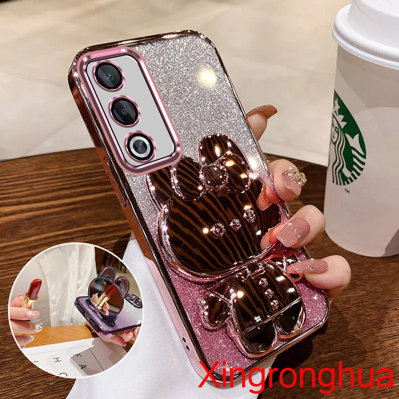 ปลอกoppo A3 Pro 5G A3X 5G/ A3 A38 A18 A58 A60 A79 5Gเคสโทรศัพท์กับกระต่ายน่ารักเครื่องสําอางกระจกแต่งหน้าวงเล็บโปร่งใสGlitterป้องกันกันกระแทกกรณี