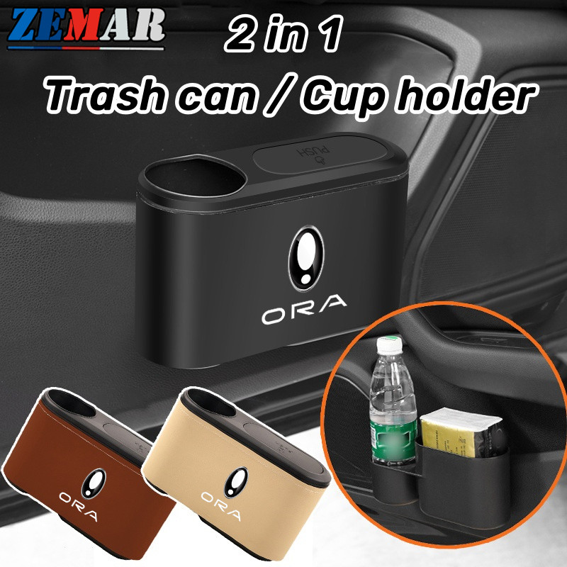 2 IN 1 ORA ถังขยะในรถ ถังขยะรถยนต์พร้อมที่วางแก้ว ถังขยะฝาปิดแบบกด ถอดออกได้ อุปกรณ์ตกแต่งภายในรถยนต
