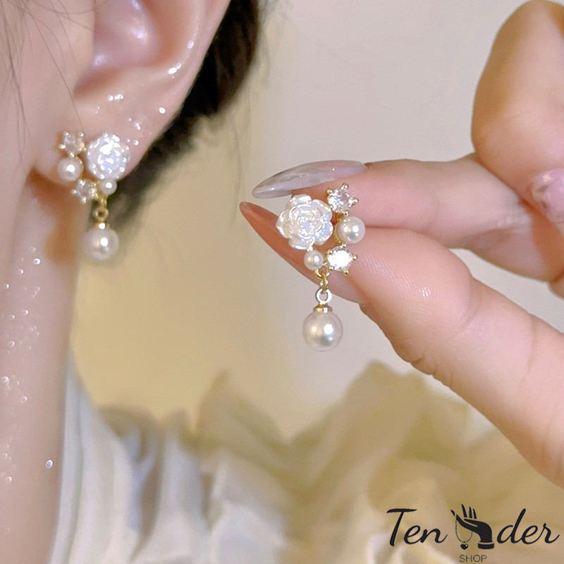 COD-ส่งเร็วจากไทย🎀Camellia Pearl ต่างหู Rhinestone ฝรั่งเศส ระดับไฮเอนด์ เครื่องประดับแฟชั่น สำหรับผู้หญิง-Tender