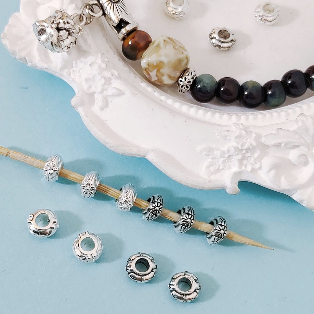 50pcs วินเทจเงินรอบลูกปัด DIY ลูกปัดสร้อยข้อมือเครื่องประดับขายส่ง