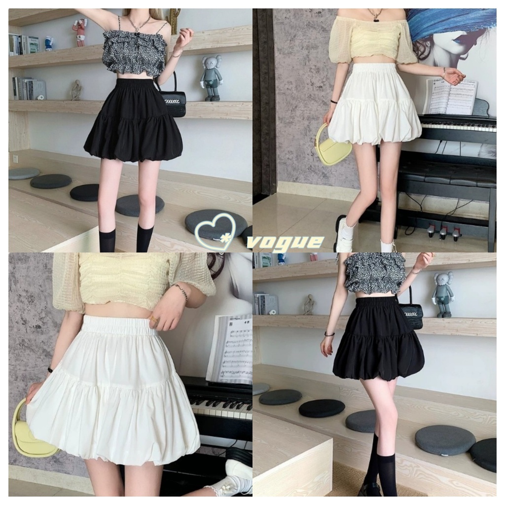 Vogue พร้อมส่ง กระโปรงขาสั้นเอวสม๊อค ทรงพองๆ กำลังมาแรง (9802-A)