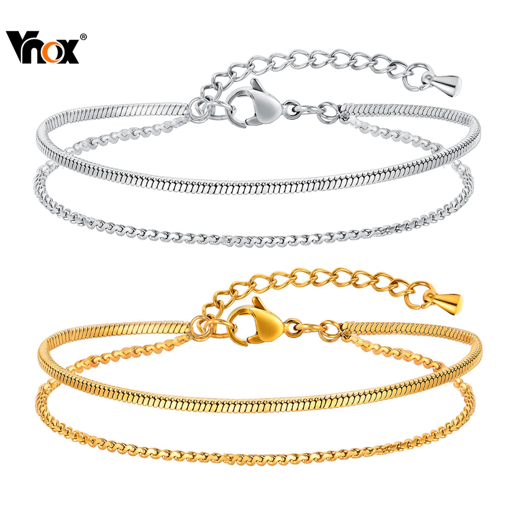 VNOX วีน็อกซ์ สองชั้นซ้อนสร้อยข้อมือสโซ่สแควร์งูโซ่ปรับสร้อยข้อมือสําหรับผู้หญิงสาว,สแตนเลสแฟชั่นหรูหราไม่อบ ไม่แพ้ง่าย