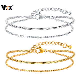 VNOX วีน็อกซ์ สองชั้นซ้อนสร้อยข้อมือสโซ่สแควร์งูโซ่ปรับสร้อยข้อมือสําหรับผู้หญิงสาว,สแตนเลสแฟชั่นหรูหราไม่อบ ไม่แพ้ง่าย
