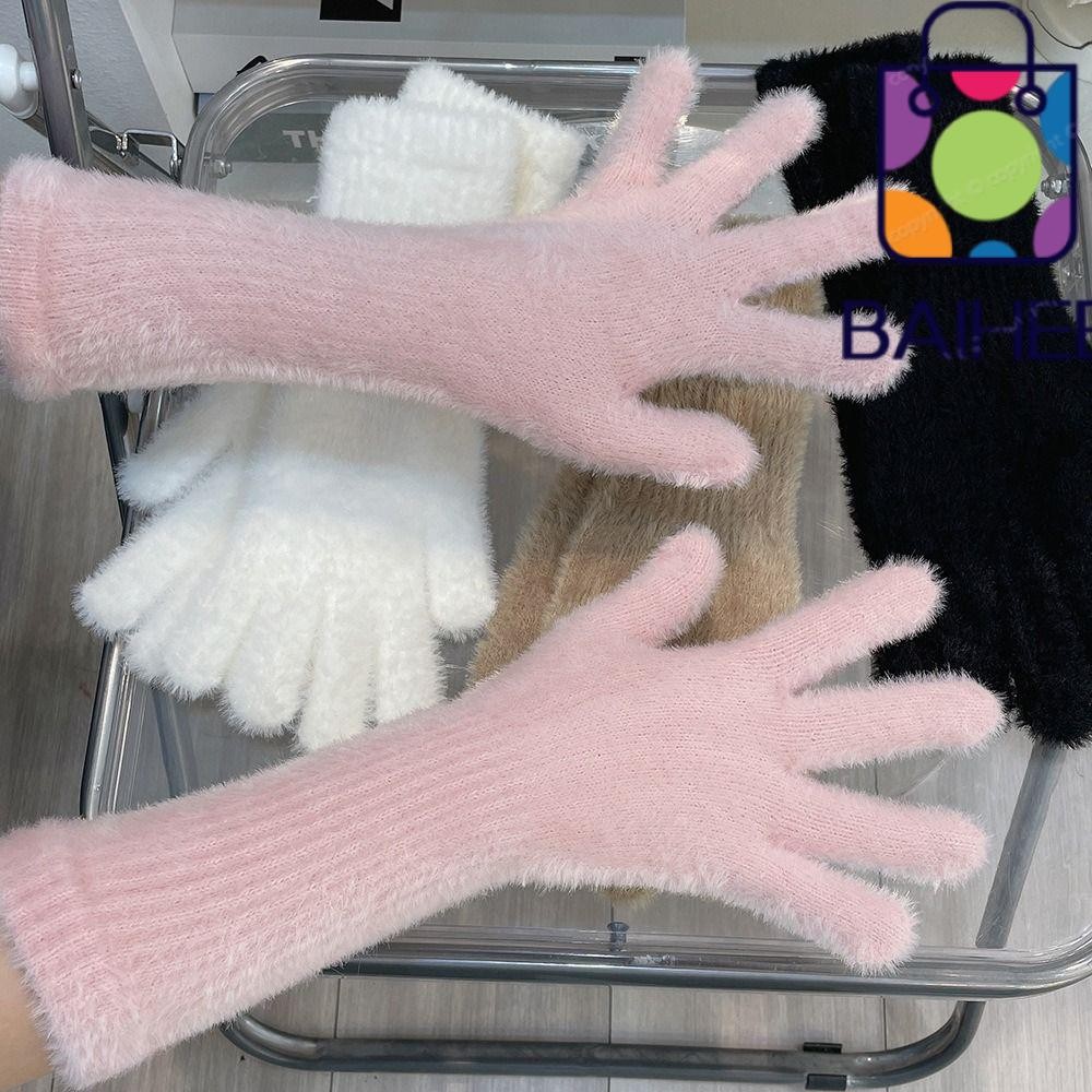 Baihee ถุงมือถัก, Thicken Warm All Finger ถุงมือ,แฟชั่นหน้าจอสัมผัส Soft Plush Elastic Mittens สําหรับผู้หญิงสาว