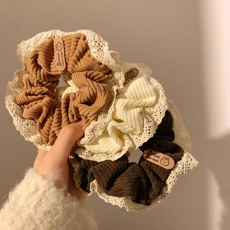 เชือกผมสีกากีผมหางม้า Scrunchies