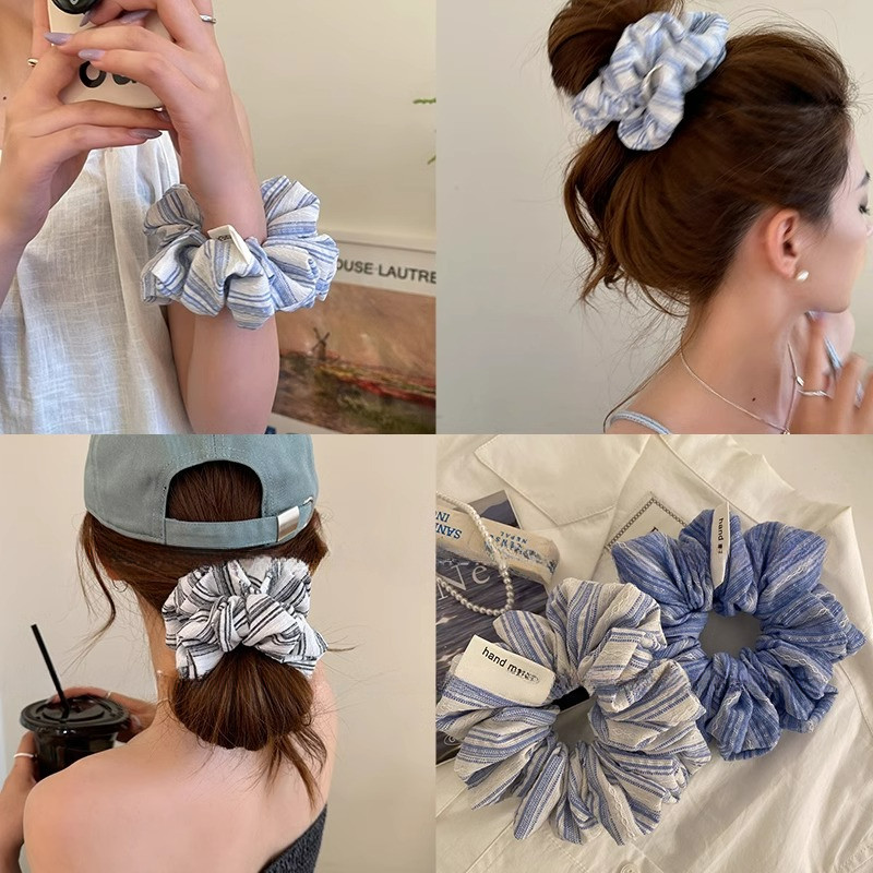 Vintage Blue Stripes Hair Rope หางม้า Scrunchies ผูกผมเครื่องประดับผม