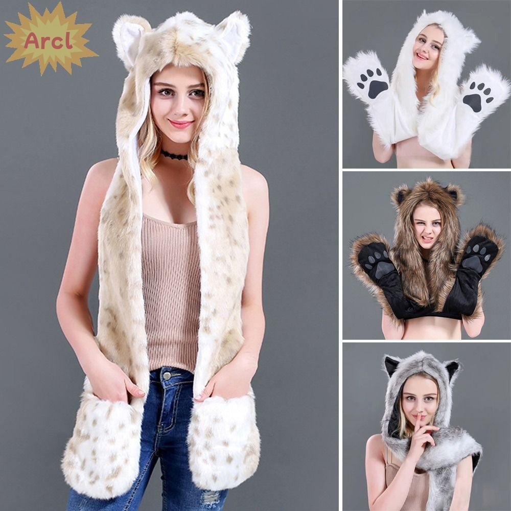 Arcl Warm Earmuff หมวก, Warm 3 in1 หมวกผ้าพันคอถุงมือ,ฤดูหนาวหู Soft สัตว์ Plush Beanie หมวกสําหรับผู้ชายผู้หญิง