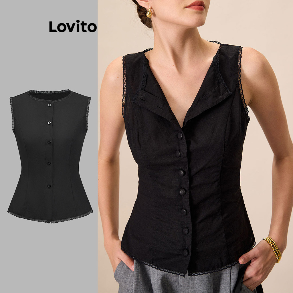 Lovito เสื้อกล้ามคอระบายธรรมดาหรูหราสำหรับผู้หญิง L104ED530