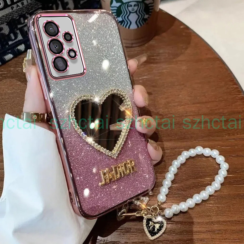 เคส Samsung A32 4G A32 5G A52 A72 หรูหราเครื่องสําอางแต่งหน้ารักกระจกเคสนิ่มพร้อมสร้อยข้อมือเชือกเส้