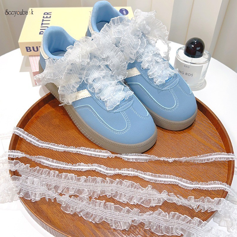 แฟนซียืดหยุ่น Ruffle ลูกไม้ตาข่าย Shoelaces ผู้หญิงรองเท้าแบน Laces สําหรับรองเท้าผ้าใบผ้าใบลําลองหวานเกาหลีแฟชั่นรองเท้า String เครื่องประดับ
