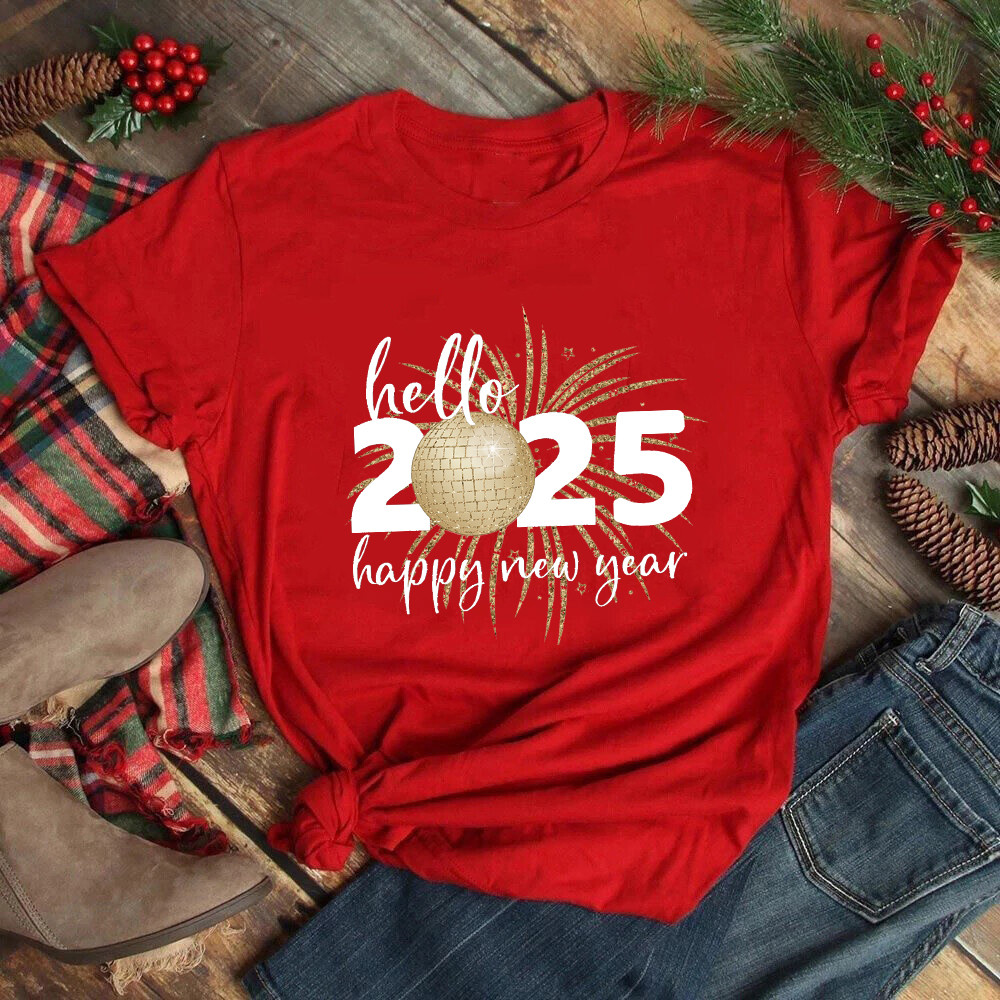 สวัสดี 2025 ผู้หญิงทีเสื้อเชิ้ตชุดปาร์ตี้สละโสดท็อปส์ซูน้องสาวเสื้อผ้าแขนสั้นปีใหม่