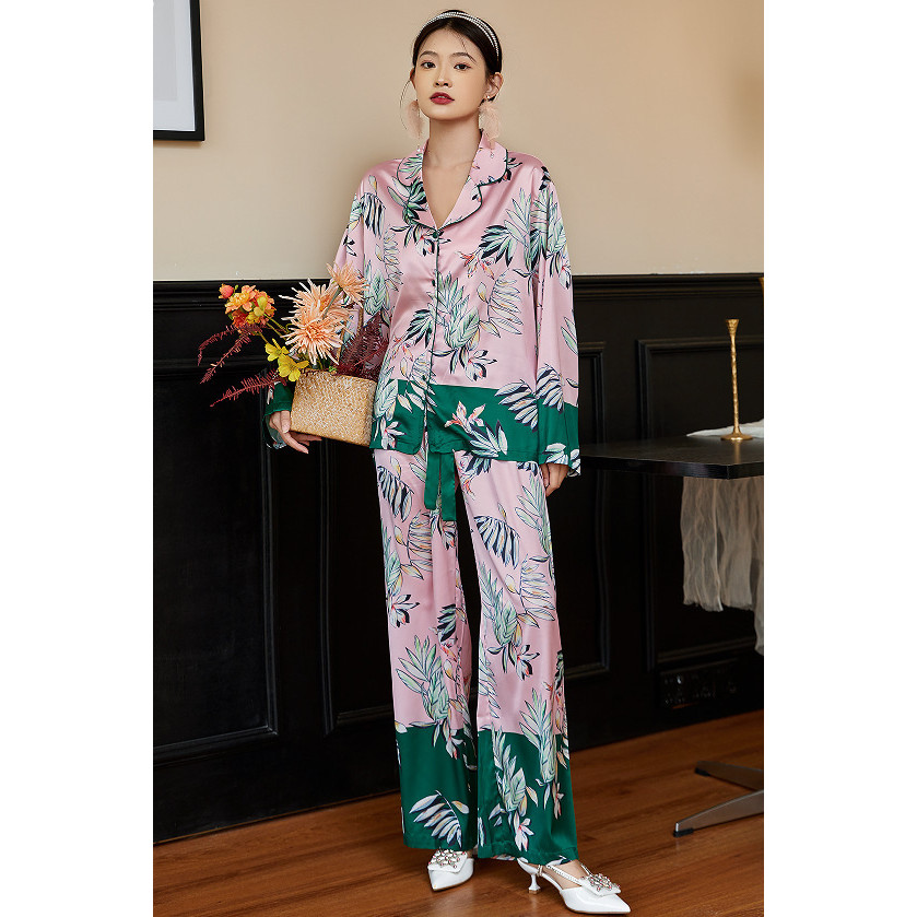 [โอเซ่] สูง-จบ สบายเดิมผ้าไหมน้ําแข็งซาตินชุดนอนสูทผู้หญิงหวานแบรนด์ใหญ่สูทกางเกงแขนยาว ชุดบ้าน แจ๊กเก็ต