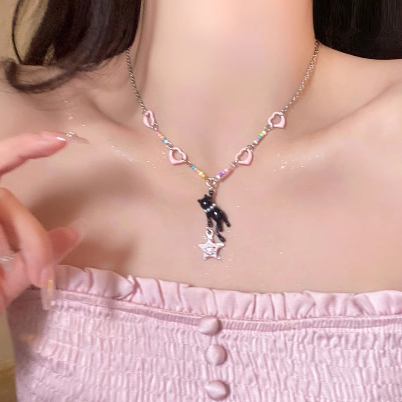 Jushi สร้อยคอลูกแมวสีดําน่ารักหญิงอารมณ์ Star Collarbone Chain ของขวัญแฟชั่น