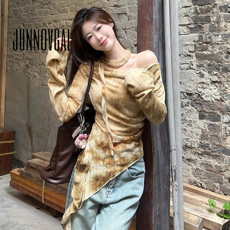 Junnovgal เสื้อยืดผู้หญิงสีตัดกันไม่สม่ําเสมอ 2024 แขนยาวคอไม่สมมาตร