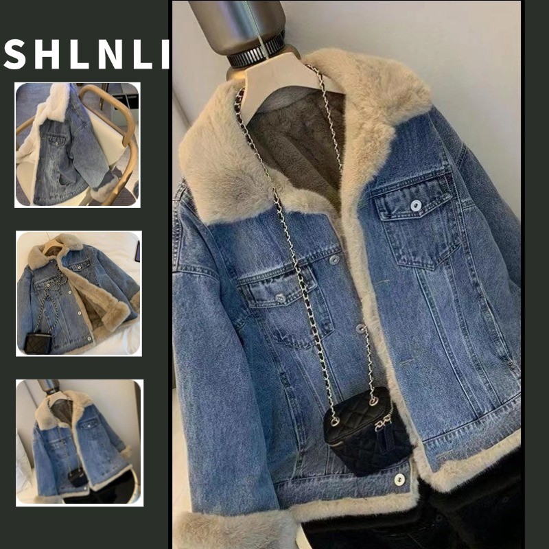 ฤดูใบไม้ร่วงฤดูหนาวของผู้หญิงเกาหลีย้อนยุคหนาแกะขนสัตว์โปโลปกแจ็คเก็ตยีนส์