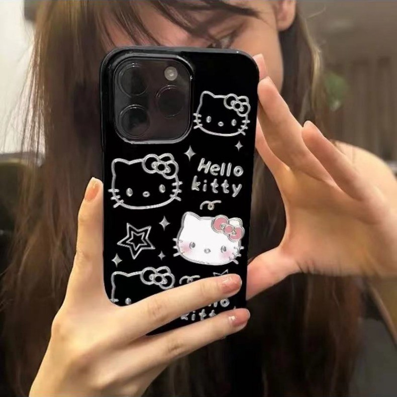 Iphone 16 15 14 13 12 11 Pro Max X XR Max 7 8 Plus INS การ์ตูนน่ารัก HelloKitty Cat Lines เคสโทรศัพท์คู่ปกอ่อน