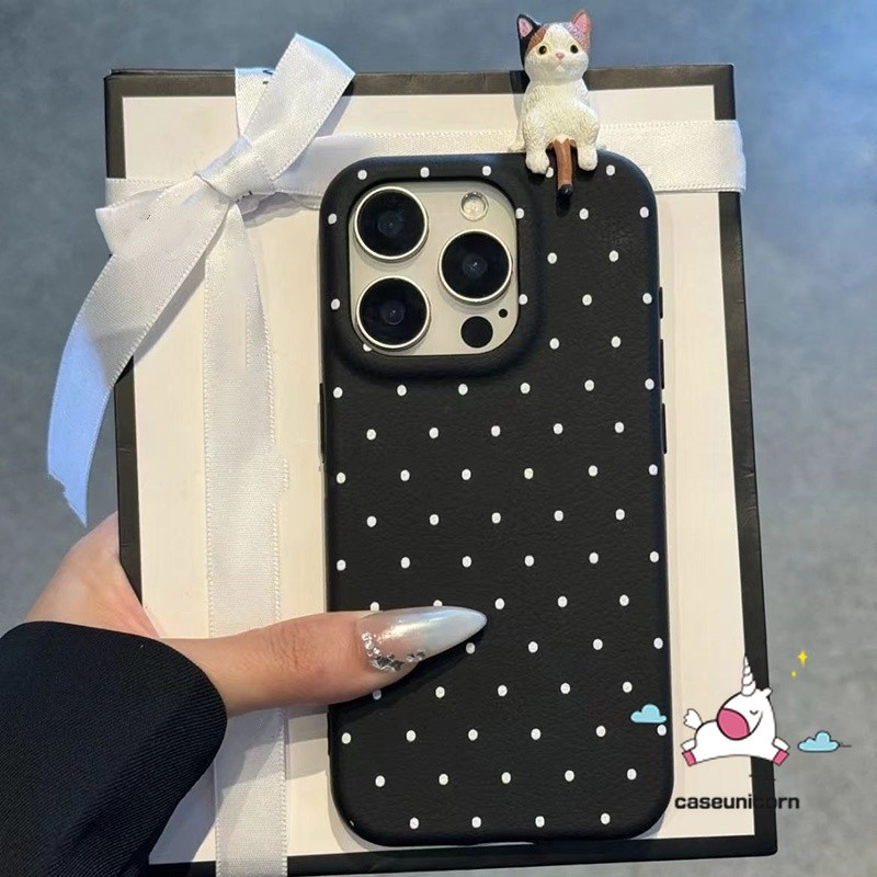 Vintage Simple Wave Pointการ์ตูน3Dตุ๊กตาDIYลูกแมวแมวน่ารักสําหรับIPhone 13 12 14 16 15 11 Pro Max 16Plus 15 16 14 Plusหรูหราผิวรู้สึกหนังเนื้อนุ่มกรณี