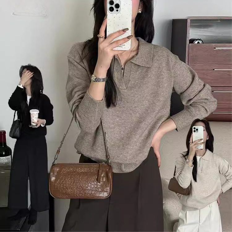 เกาหลีใหม่ผู้หญิงสีทึบเสื้อถักคอปกคอเสื้อแขนยาว 241015