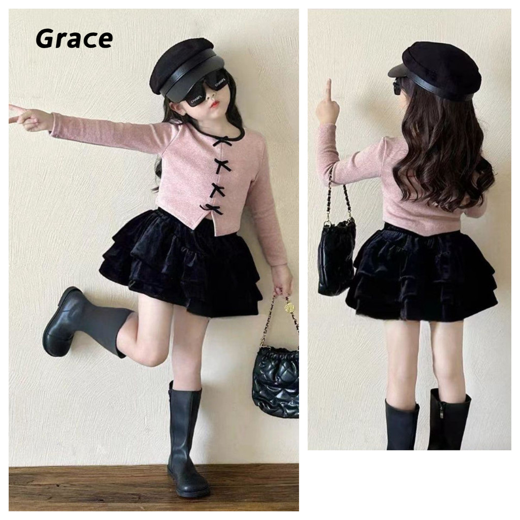 【Grace】(พร้อมส่ง) ชุดเซ็ตเสือแขน ยาว+กระโปรงจีบแฟชั่น สไตล์เกาหลี ดีไซน์โบว์ สำหรับ…G0815#