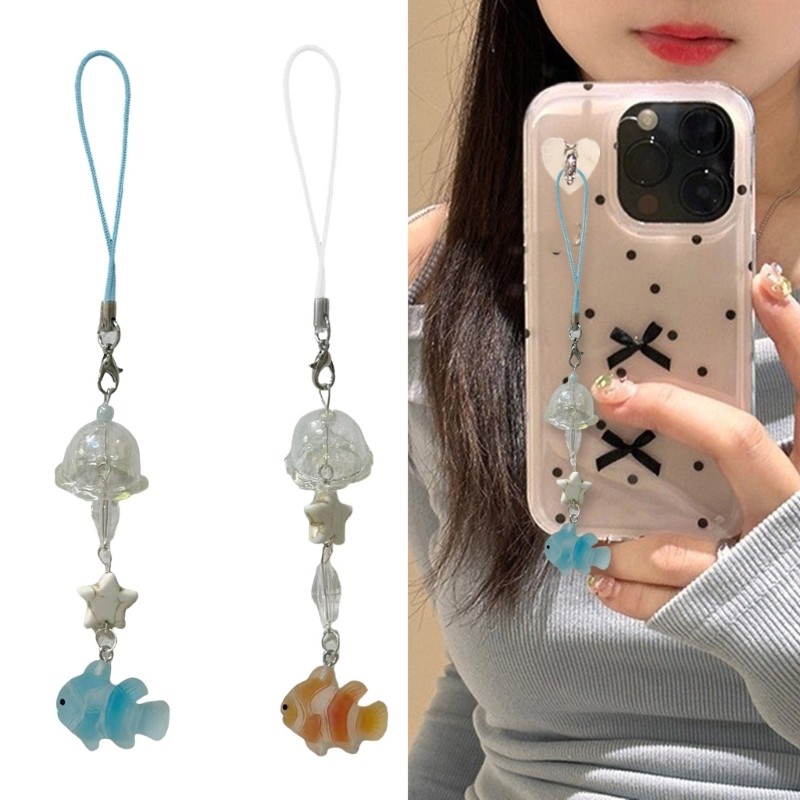 Clownfish Star Jellyfish Cover Mobile Phone Chain Acrylic Beads Keychain Pendant