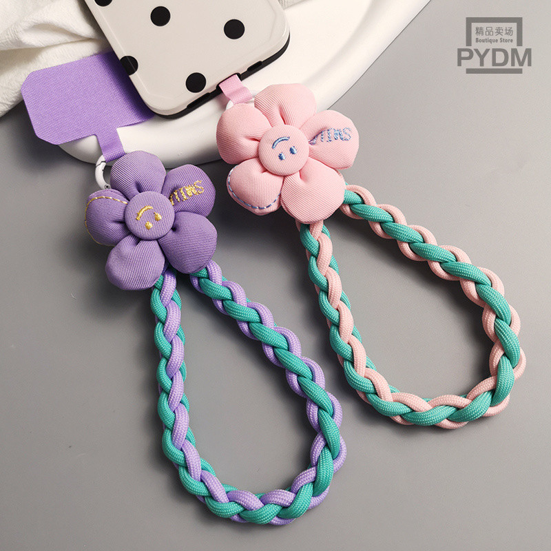 [พีดีเอ็ม] ที่มีสีสันทอโทรศัพท์มือถือเชือกเส้นเล็กยิ้มดอกไม้ข้อมือสั้นเครื่องประดับโทรศัพท์มือถือคลิปบนเคสโทรศัพท์สากลโทรศัพท์มือถือเชือกป้