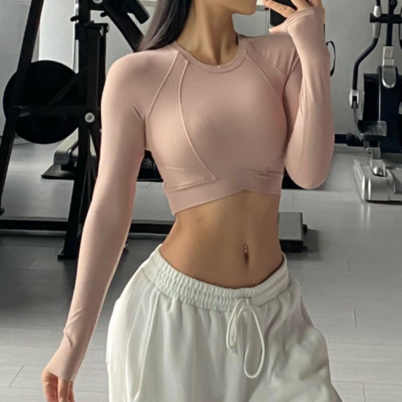 Yogaheal(ไม่มีแผ่น) เสื้อกีฬายืดหยุ่นสูงแห้งเร็วลําลองแขนยาวโยคะเต้นรําเสื้อครอป