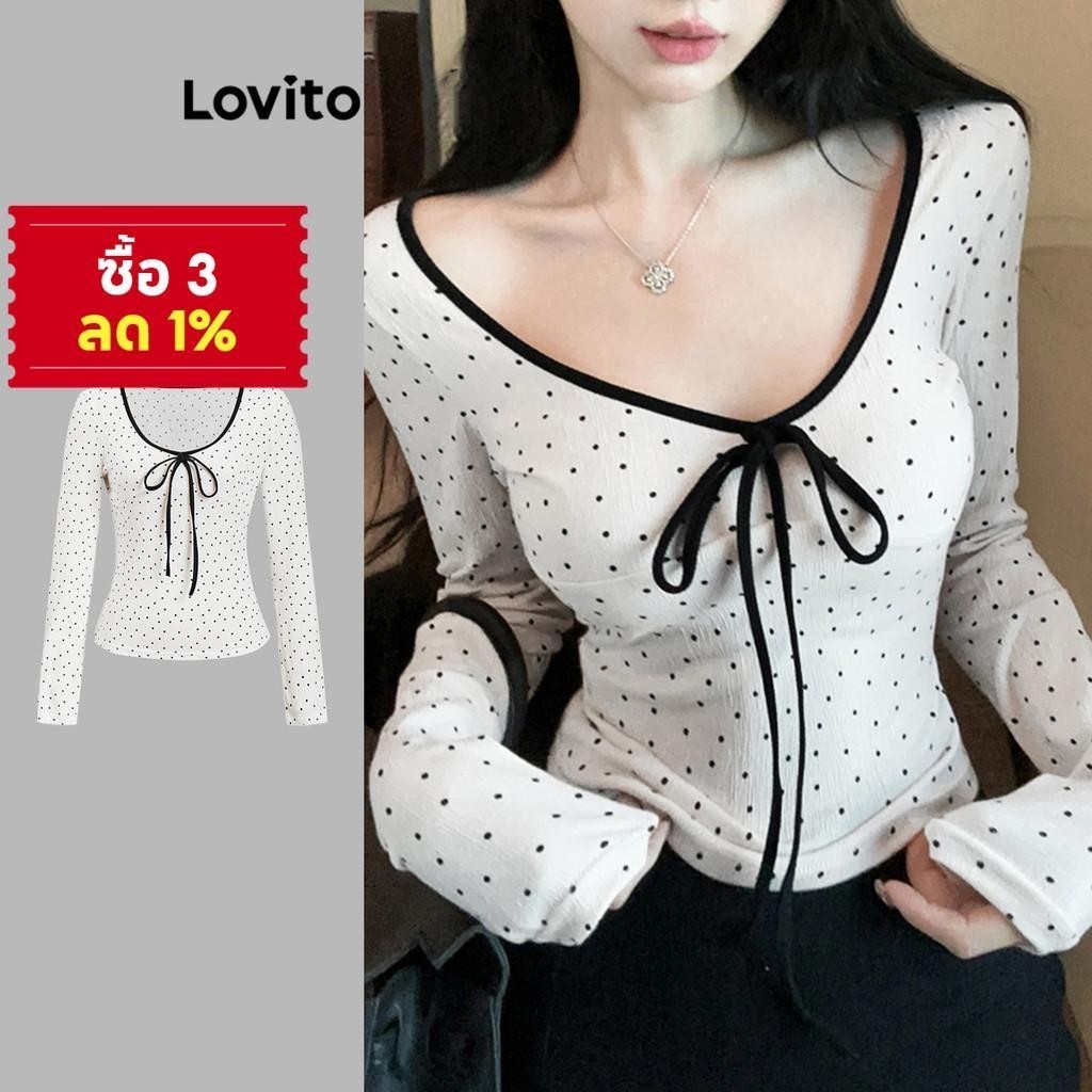 (พร้อมส่ง)Lovito เสื้อยืดลําลอง ลายจุดโบว์สีตัดกันการผูกมัดฤดูร้อน/ฤดูใบไม้ผลิเสื้อยืดสําหรับผู้หญิง
