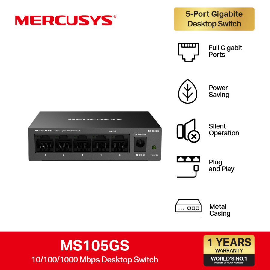 MERCUSYS MS105GS Switch 5 Port Gigabit 10/100/1000 Mbps Metal Casing เดสก์ท็อปสวิตช์
