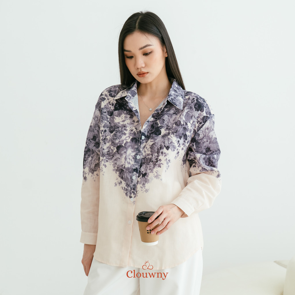 KEMEJA Clouwny Windy Flower Blouse Simple Elegant Womens Shirt Top Bekerah Korean Look Fit to XL