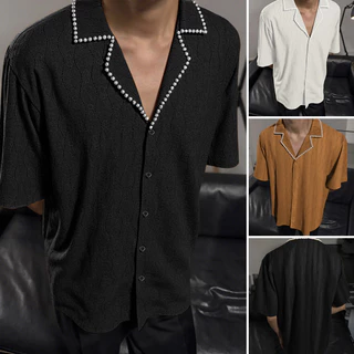 เสื้อเชิ้ตไข่มุกดีไซน์ลำลองสี solids สําหรับผู้ชาย