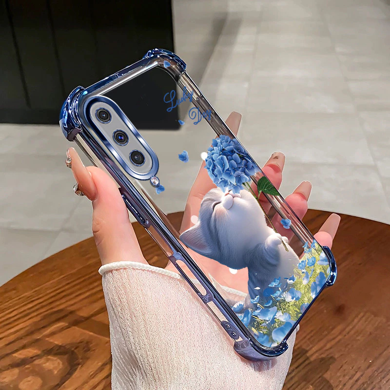 SAMSUNG สําหรับSamsung A50 A50S A30S A70 A750 A7 2018 เคสโทรศัพท์ดอกไม้แมวสี่มุมซิลิโคนTPUโปร่งใสSoft shell XH007