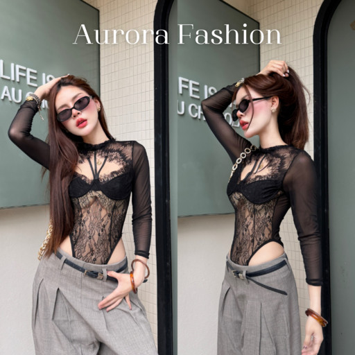 Aurora🛒พร้อมส่ง🚚 (รูปถ่ายจากงานจริง) ชุดบอดี้สูทซีทรู เสริมฟองน้ำ แขนยาว เซ็กซีลายลูกไม้