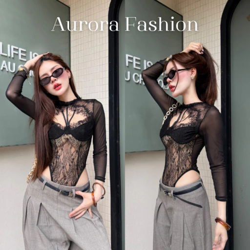 Aurora🛒พร้อมส่ง🚚 (รูปถ่ายจากงานจริง) ชุดบอดี้สูทซีทรู เสริมฟองน้ำ แขนยาว เซ็กซีลายลูกไม้