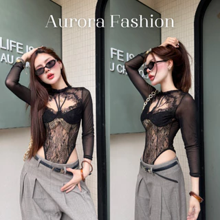 Aurora🛒พร้อมส่ง🚚 (รูปถ่ายจากงานจริง) ชุดบอดี้สูทซีทรู เสริมฟองน้ำ แขนยาว เซ็กซีลายลูกไม้