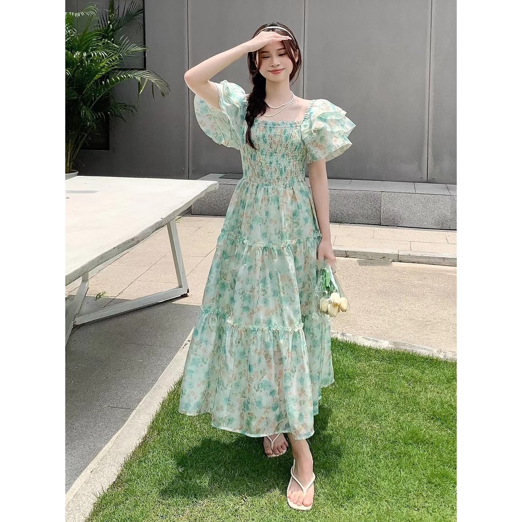 XUWEN กรกฎาคมชุดผมตรง 2025 ฤดูร้อนภาษาฝรั่งเศสคําสไตล์อ่อนโยนดอกไม้ชุดชีฟองผู้หญิงสแควร์คออารมณ์ Ruf