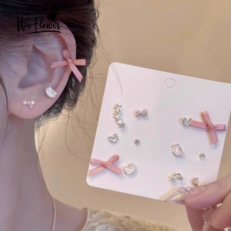 ต่างหูสเตอร์ลิงเงินสีชมพูแบบโบว์ ลายคิตตี้ สำหรับแฟชั่นหญิง