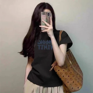 เสื้อยืดแขนสั้นพิมพ์ลายตัวอักษรสไตล์อเมริกันผ้าฝ้ายแท้ฤดูร้อนดีไซน์สไตล์ใหม่ทรงสลิมฟิต