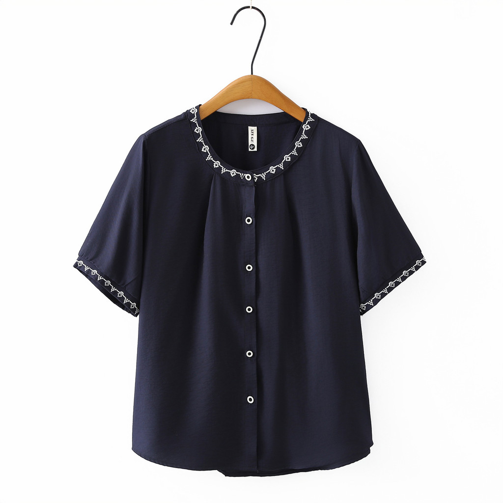 เสื้อเชิ้ตวินเทจแขนสั้นสีขาวสีฟ้า ไซส์พิเศษ-xl-4xl สำหรับสตรี ใส่ง่ายทั้งวันทำงานหรือลำลอง
