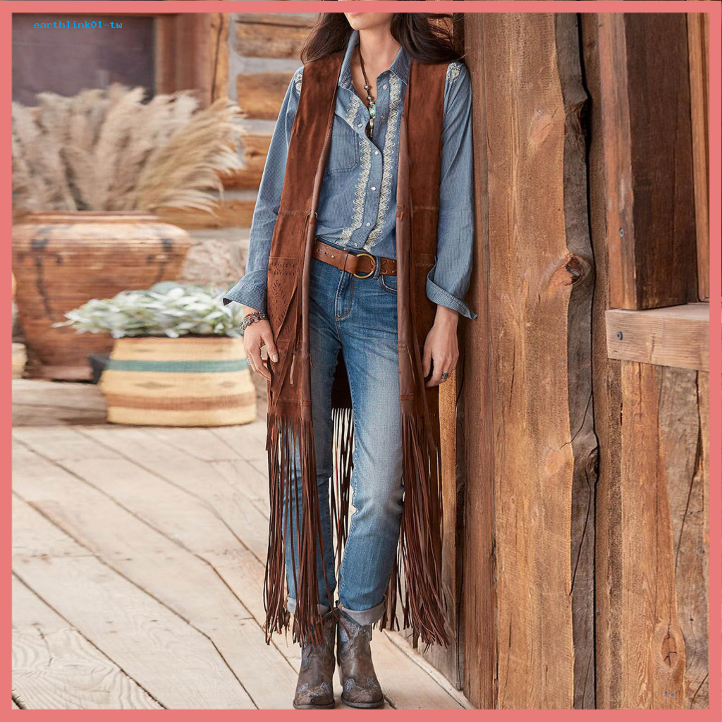 เสื้อกั๊กพู่ยาวเปิดด้านหน้าฝอยเสื้อกั๊ก Boho Chic Fringe เสื้อกั๊กพู่รายละเอียดเหมาะสําหรับ 70 S Hippie คอสเพลย์และคาวบอยสไตล์เปิดหน้าออกแบบสําหรับตะวันออกเฉียงใต้