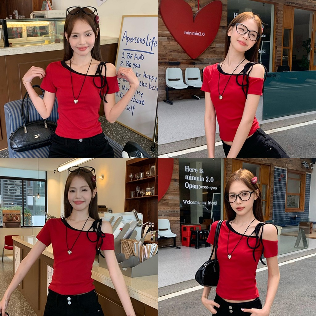 💟EElla💟เสื้อยืด ไหมพรม ผ้านิ่ม สีสว่าง ปาดไหล่ ผู้หญิง เสื้อยืดแขนสั้น สไตล์เกาหลี แฟชั่น ส่งจากไทย#M5576-1